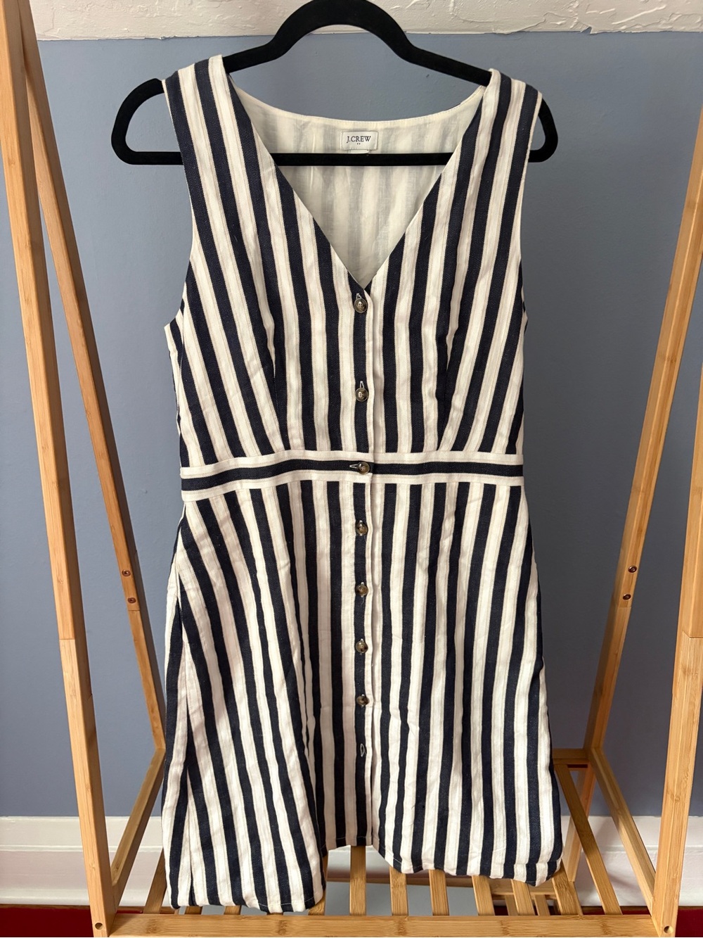 J. Crew Navy & White Striped Linen-Blend Button Down Dress